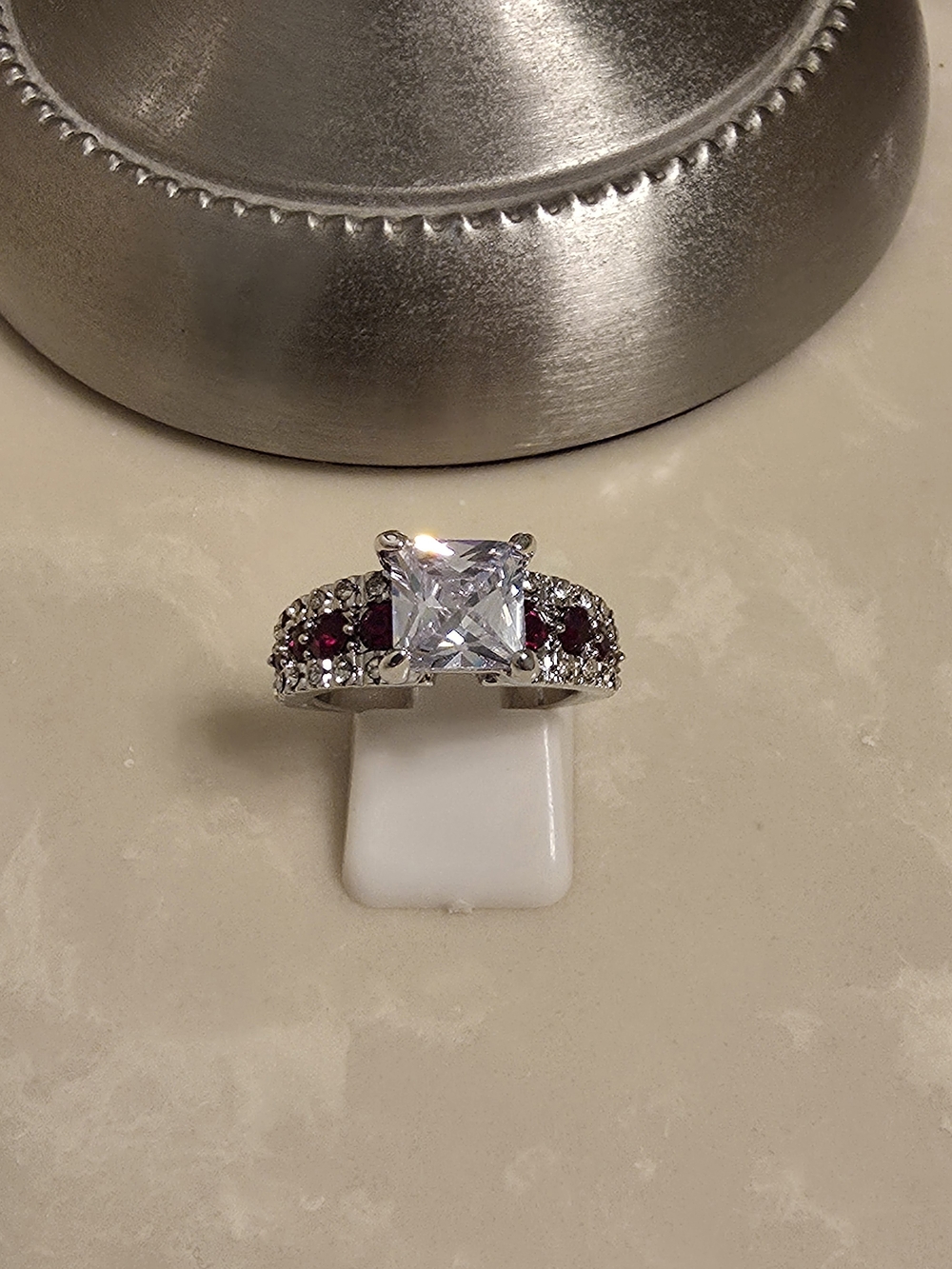 Silver CZ and Ruby Ring Size 7